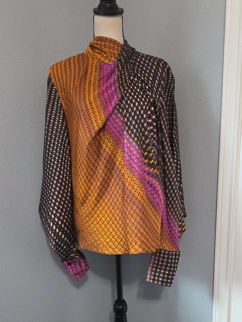 Women’s Printed Mock-Neck Blouse in Mustard and Purple